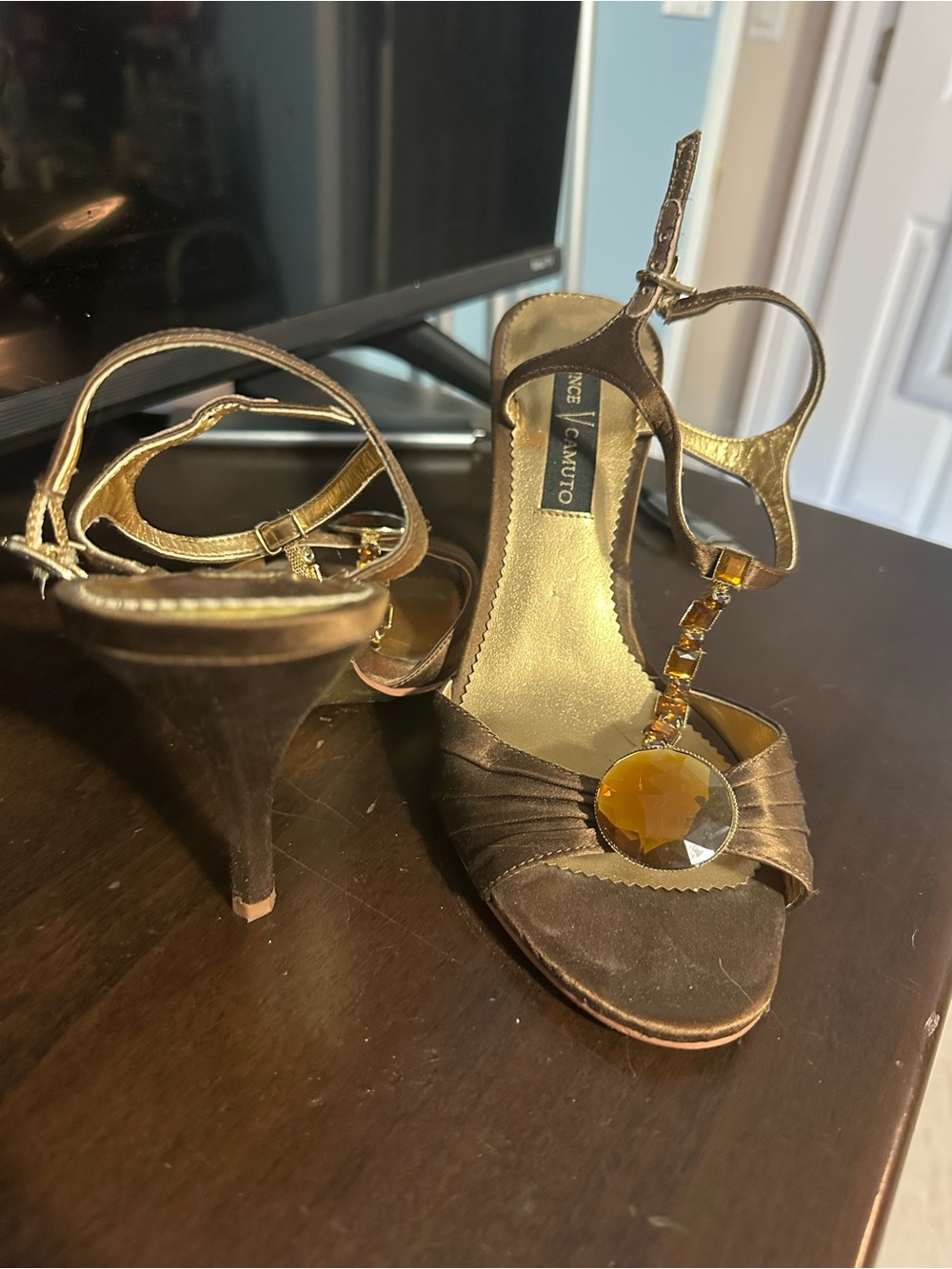 Vince Camuto Brown Satin T-Strap Heels with Amber Gem Detail